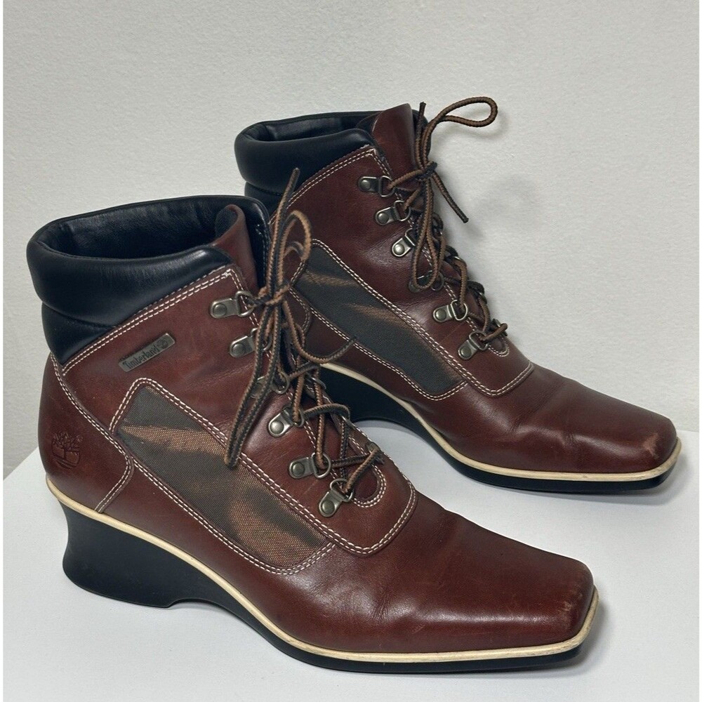 Timberland Square Toe Lace Up Wedge Boots Brown Black Slight Flare Heel Size 9 M